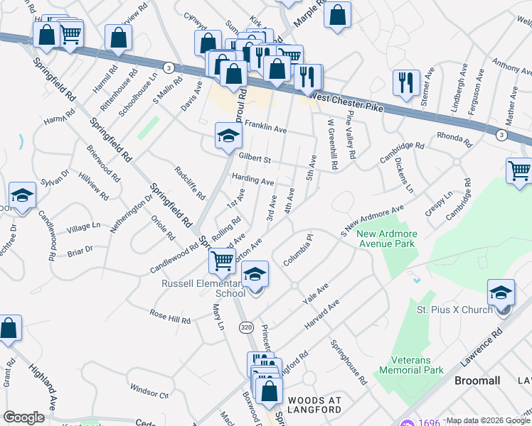 map of restaurants, bars, coffee shops, grocery stores, and more near 143 2nd Avenue in Broomall