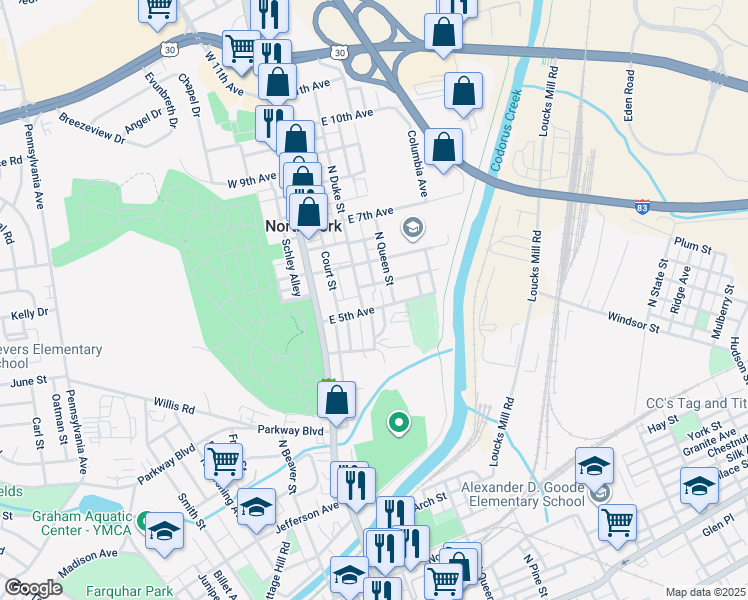 map of restaurants, bars, coffee shops, grocery stores, and more near 813 Dalrymple Street in York