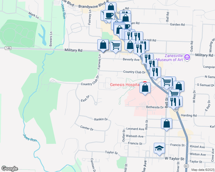map of restaurants, bars, coffee shops, grocery stores, and more near 2971 Maple Avenue in Zanesville