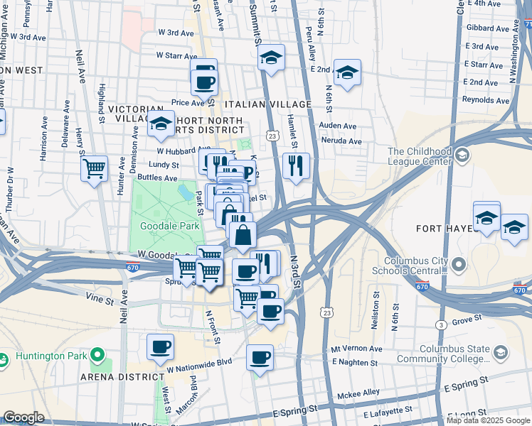 map of restaurants, bars, coffee shops, grocery stores, and more near 581 Kerr Street in Columbus