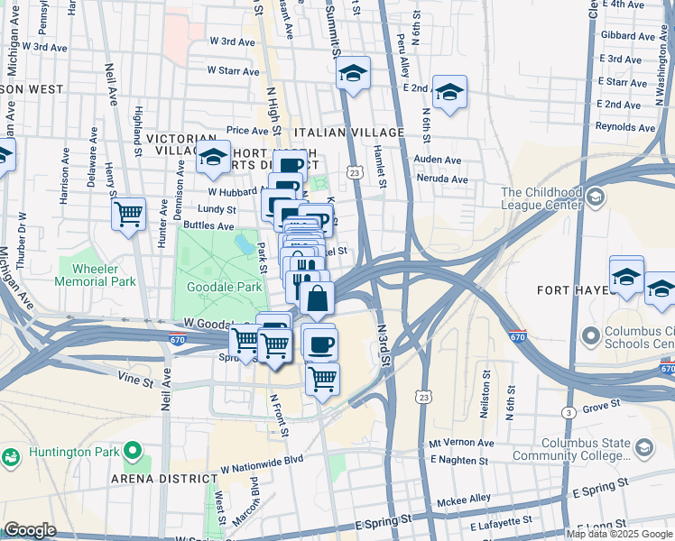 map of restaurants, bars, coffee shops, grocery stores, and more near 581 Kerr Street in Columbus