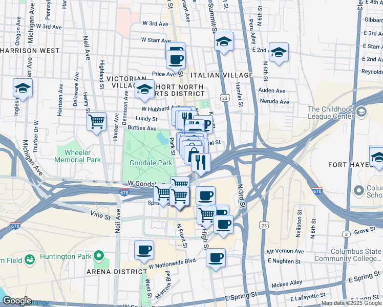 map of restaurants, bars, coffee shops, grocery stores, and more near 625 North High Street in Columbus