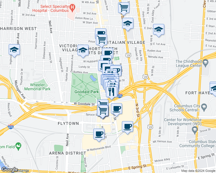 map of restaurants, bars, coffee shops, grocery stores, and more near 625 North High Street in Columbus