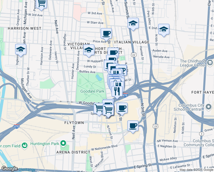 map of restaurants, bars, coffee shops, grocery stores, and more near 625 North High Street in Columbus