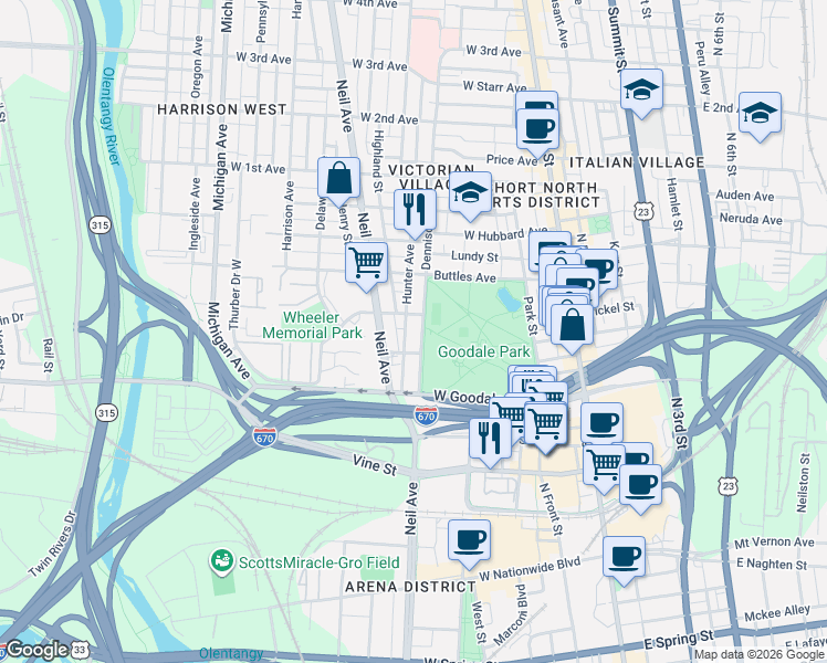 map of restaurants, bars, coffee shops, grocery stores, and more near 249 West Poplar Avenue in Columbus