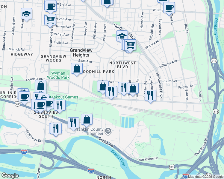 map of restaurants, bars, coffee shops, grocery stores, and more near 1244 Goodale Boulevard in Columbus