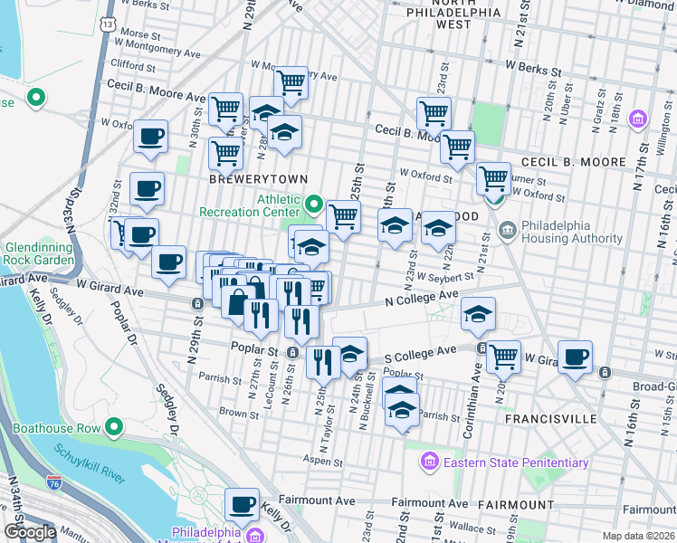map of restaurants, bars, coffee shops, grocery stores, and more near 1217 North 25th Street in Philadelphia