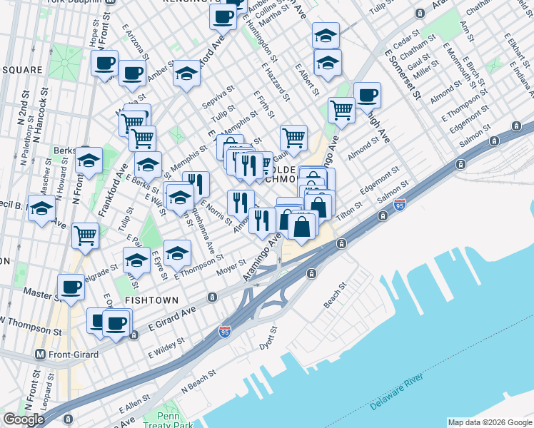 map of restaurants, bars, coffee shops, grocery stores, and more near 2216 East Thompson Street in Philadelphia