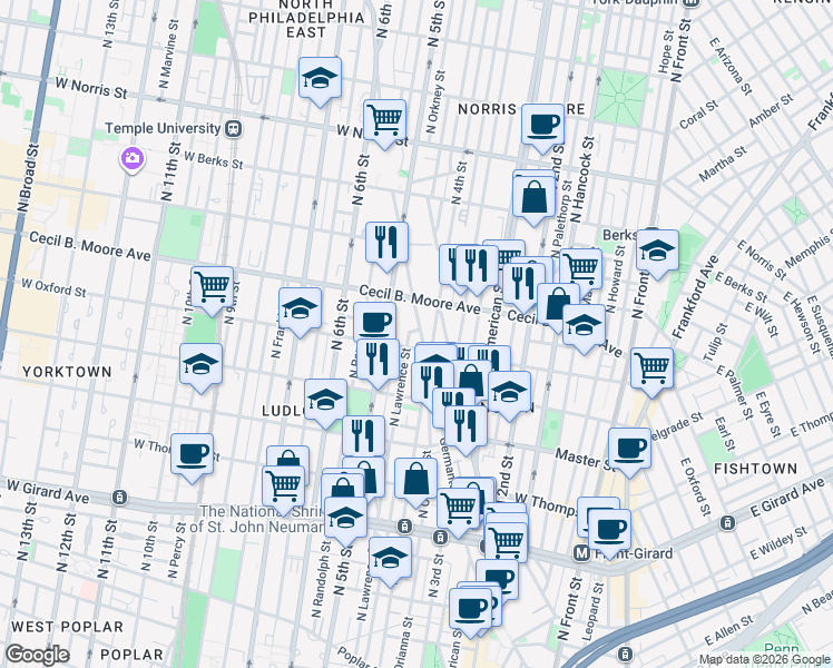 map of restaurants, bars, coffee shops, grocery stores, and more near 1554 North Lawrence Street in Philadelphia