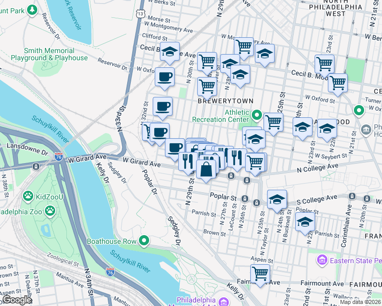 map of restaurants, bars, coffee shops, grocery stores, and more near in Philadelphia