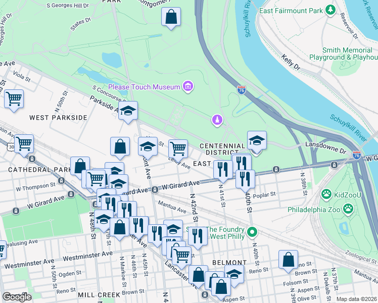 map of restaurants, bars, coffee shops, grocery stores, and more near 4165 Leidy Avenue in Philadelphia
