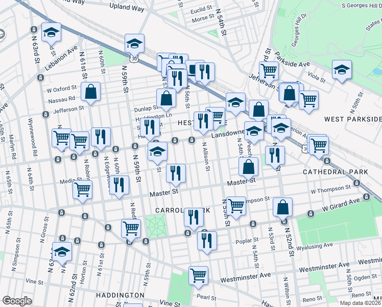 map of restaurants, bars, coffee shops, grocery stores, and more near 5612 Media Street in Philadelphia