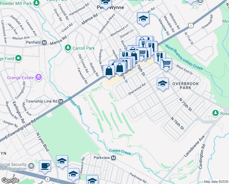 map of restaurants, bars, coffee shops, grocery stores, and more near 1842 Ashurst Road in Philadelphia