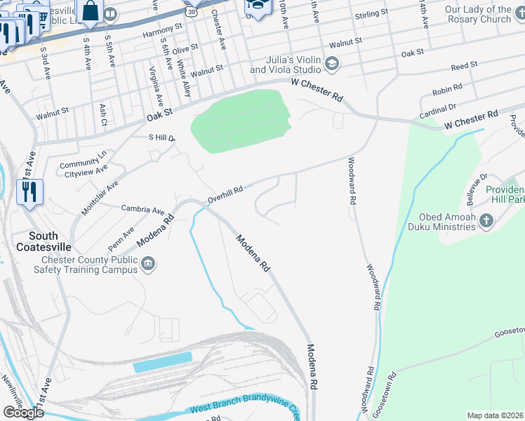 map of restaurants, bars, coffee shops, grocery stores, and more near 89 Lukens Mill Drive in Coatesville