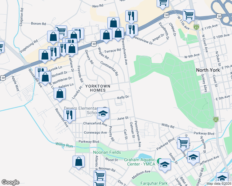 map of restaurants, bars, coffee shops, grocery stores, and more near 752 Kelly Drive in York