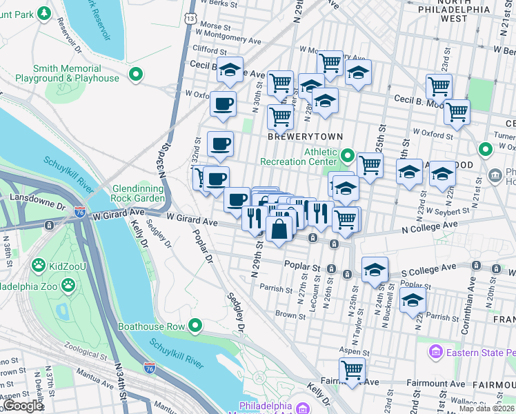 map of restaurants, bars, coffee shops, grocery stores, and more near in Philadelphia