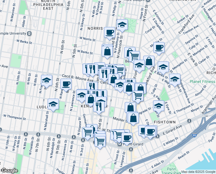 map of restaurants, bars, coffee shops, grocery stores, and more near 1633 North 2nd Street in Philadelphia