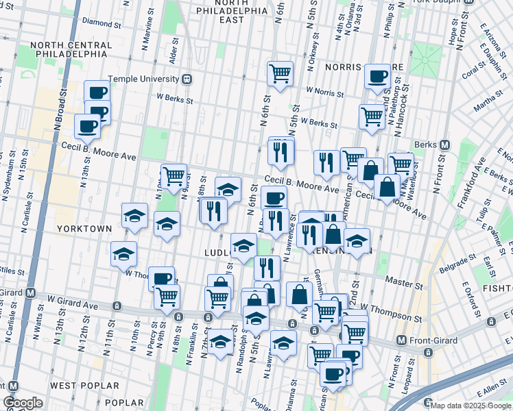 map of restaurants, bars, coffee shops, grocery stores, and more near 537 West Oxford Street in Philadelphia