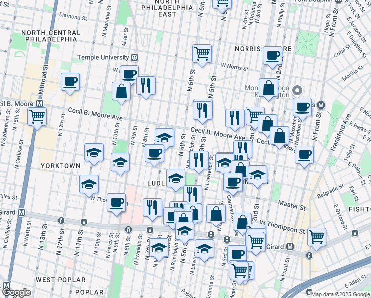 map of restaurants, bars, coffee shops, grocery stores, and more near 537 West Oxford Street in Philadelphia