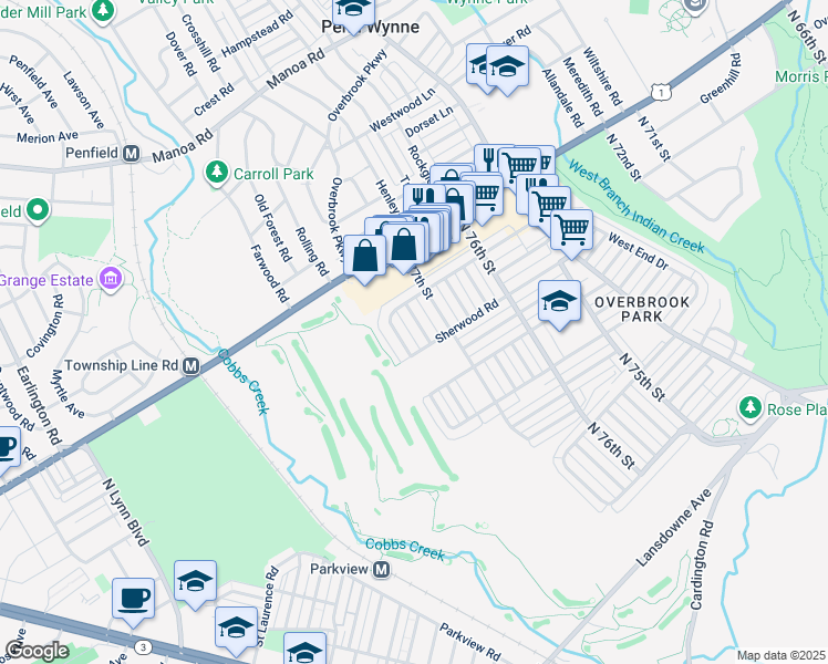 map of restaurants, bars, coffee shops, grocery stores, and more near 1820 Merribrook Road in Philadelphia
