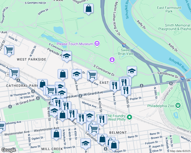 map of restaurants, bars, coffee shops, grocery stores, and more near 1727 North 42nd Street in Philadelphia