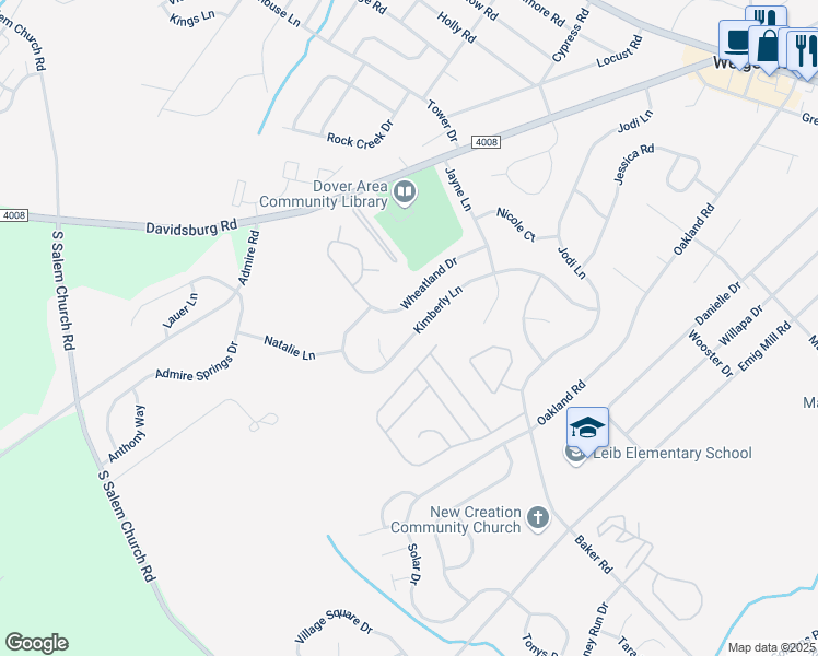map of restaurants, bars, coffee shops, grocery stores, and more near 3727 Kimberly Lane in Dover