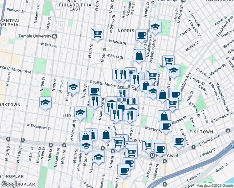 map of restaurants, bars, coffee shops, grocery stores, and more near 1622 North 3rd Street in Philadelphia