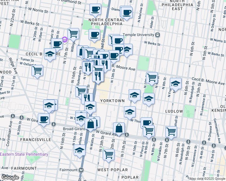 map of restaurants, bars, coffee shops, grocery stores, and more near 1227 West Jefferson Street in Philadelphia