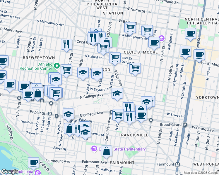 map of restaurants, bars, coffee shops, grocery stores, and more near 2109 West Seybert Street in Philadelphia