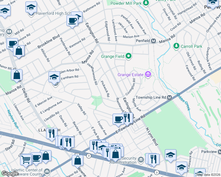 map of restaurants, bars, coffee shops, grocery stores, and more near 204 Brentwood Road in Havertown
