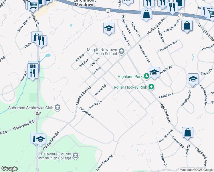 map of restaurants, bars, coffee shops, grocery stores, and more near 671 Gerard Road in Broomall