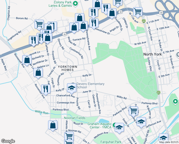 map of restaurants, bars, coffee shops, grocery stores, and more near 1105 Gunnison Road in York
