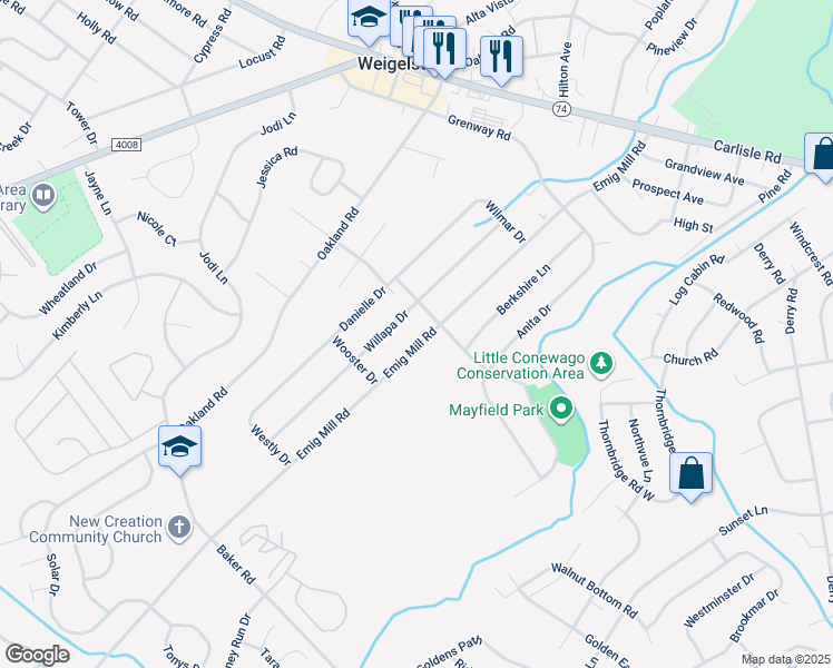 map of restaurants, bars, coffee shops, grocery stores, and more near 2613 Emig Mill Road in Dover