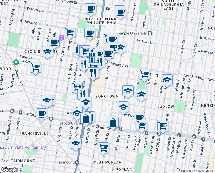 map of restaurants, bars, coffee shops, grocery stores, and more near 1227 West Jefferson Street in Philadelphia