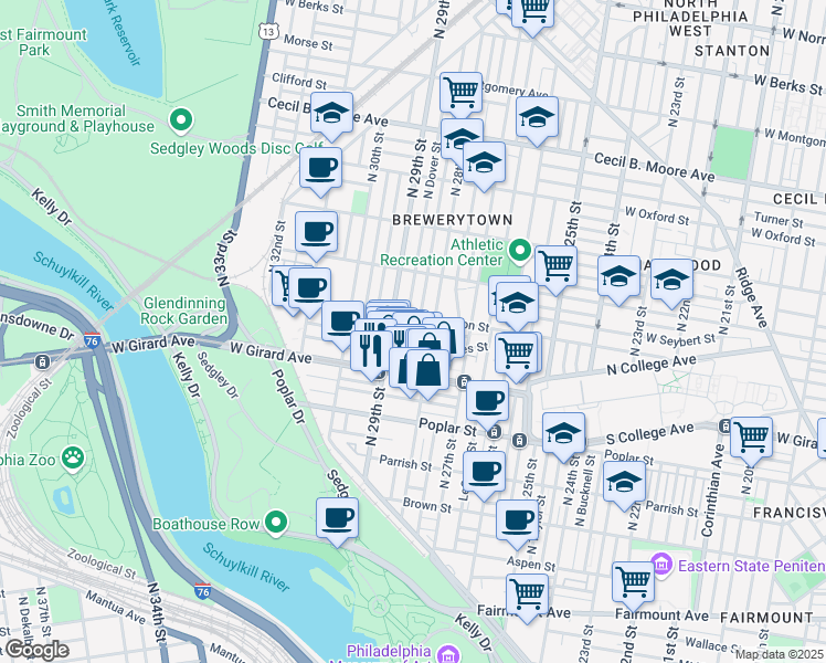 map of restaurants, bars, coffee shops, grocery stores, and more near 1250 North Newkirk Street in Philadelphia