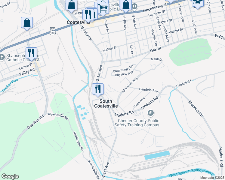 map of restaurants, bars, coffee shops, grocery stores, and more near 2 Garnett Drive in Coatesville