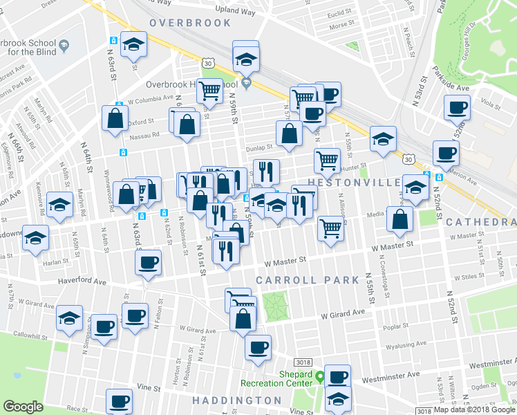map of restaurants, bars, coffee shops, grocery stores, and more near 1552 North Wanamaker Street in Philadelphia