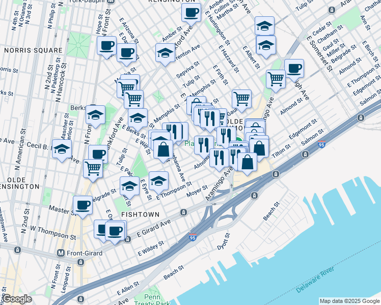 map of restaurants, bars, coffee shops, grocery stores, and more near 2529 E Norris St in Philadelphia