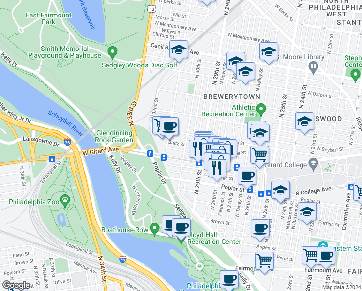 map of restaurants, bars, coffee shops, grocery stores, and more near 3010 Baltz Street in Philadelphia