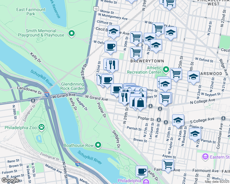 map of restaurants, bars, coffee shops, grocery stores, and more near 3010 Baltz Street in Philadelphia