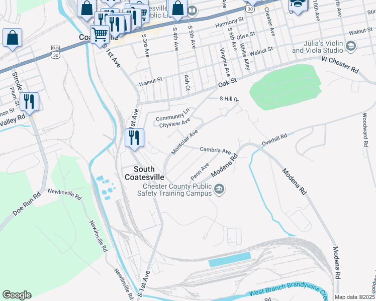 map of restaurants, bars, coffee shops, grocery stores, and more near 30 Lafayette Avenue in Coatesville