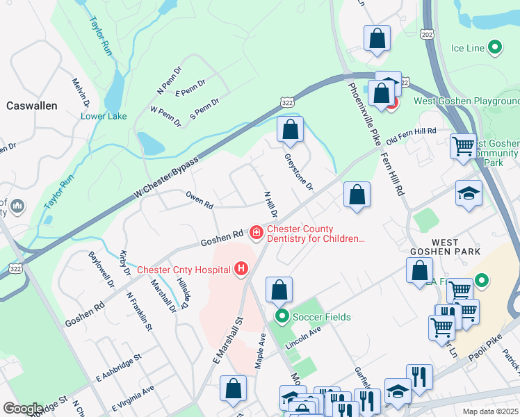 map of restaurants, bars, coffee shops, grocery stores, and more near 704 Owen Road in West Chester