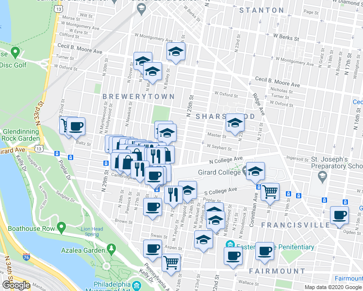 map of restaurants, bars, coffee shops, grocery stores, and more near 1306 North 25th Street in Philadelphia