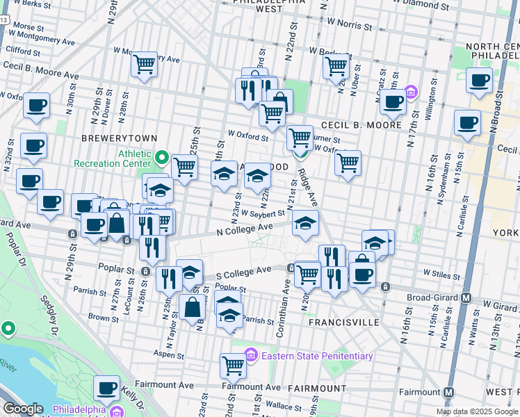 map of restaurants, bars, coffee shops, grocery stores, and more near 1322 North 22nd Street in Philadelphia