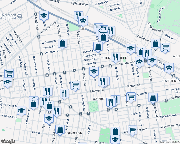 map of restaurants, bars, coffee shops, grocery stores, and more near 1549 North Wanamaker Street in Philadelphia