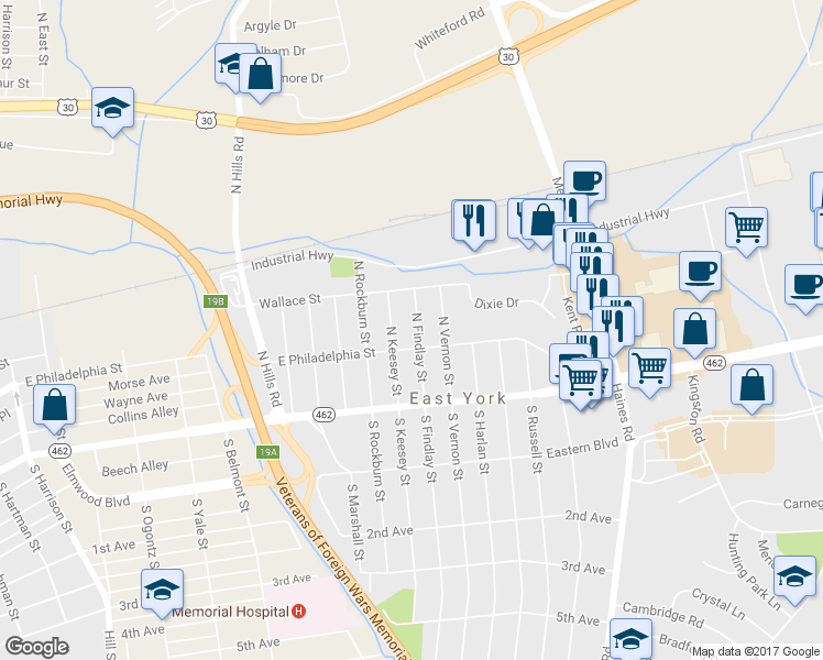 map of restaurants, bars, coffee shops, grocery stores, and more near 112 North Findlay Street in York