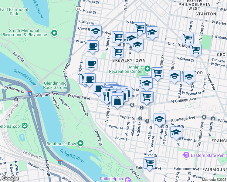 map of restaurants, bars, coffee shops, grocery stores, and more near in Philadelphia