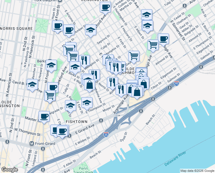 map of restaurants, bars, coffee shops, grocery stores, and more near 2556 East Norris Street in Philadelphia