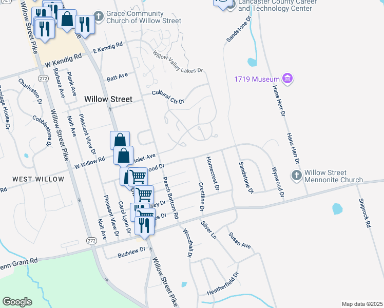 map of restaurants, bars, coffee shops, grocery stores, and more near 119 Wynwood Drive in Willow Street