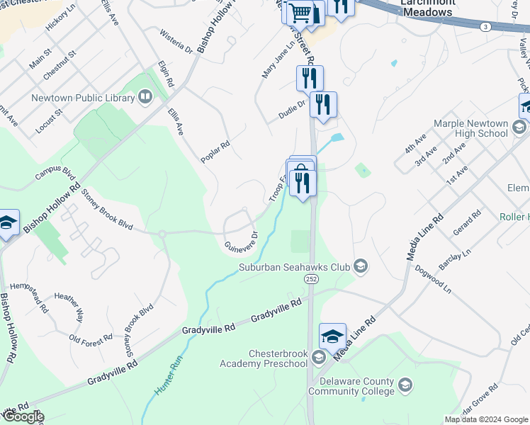 map of restaurants, bars, coffee shops, grocery stores, and more near 300 Arthur Court in Delaware County